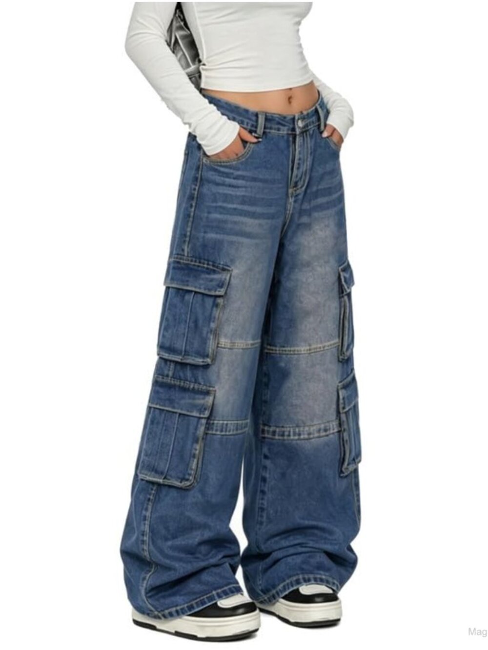 Baggy Wide Leg Cargo Jeans Women Low Rise Y2K Streetwear Multi Pocket